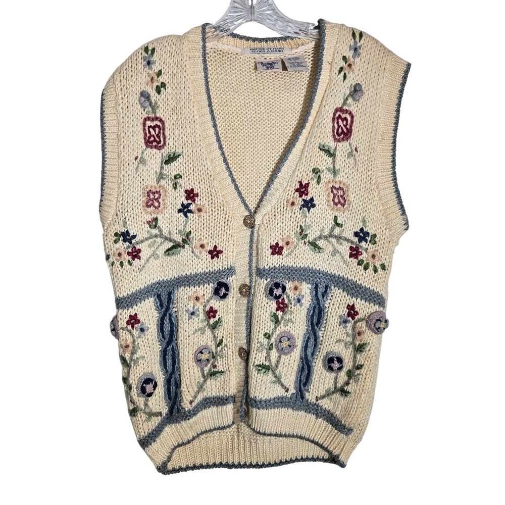 Vtg Sz M Huntington Ridge‎ Cream Floral Embroidered Knit Vest Hand Knitted